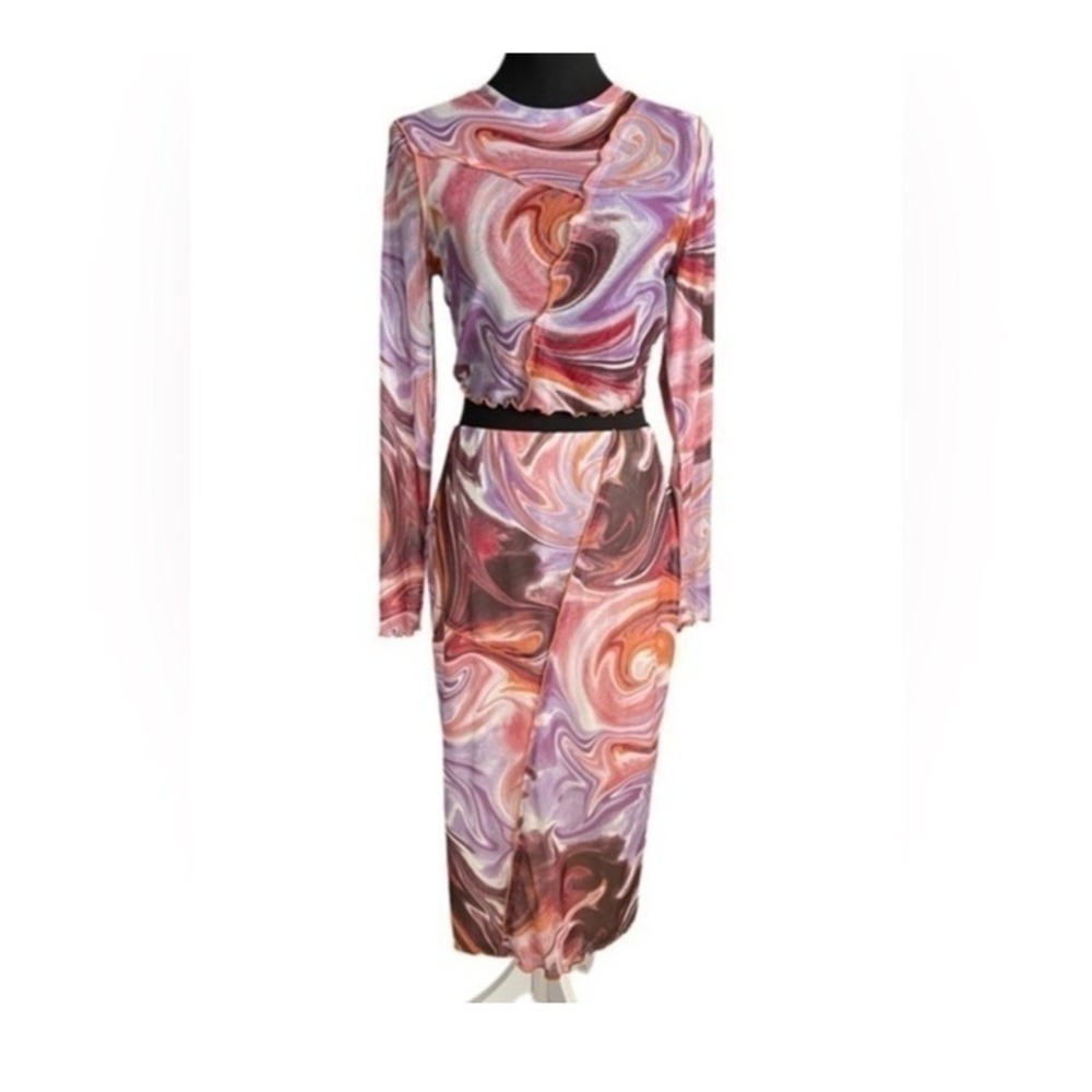 Love Fire 2 Piece Mesh Swirl Print Mock Neck Long Sleeve Crop Top Skirt Set NWT
